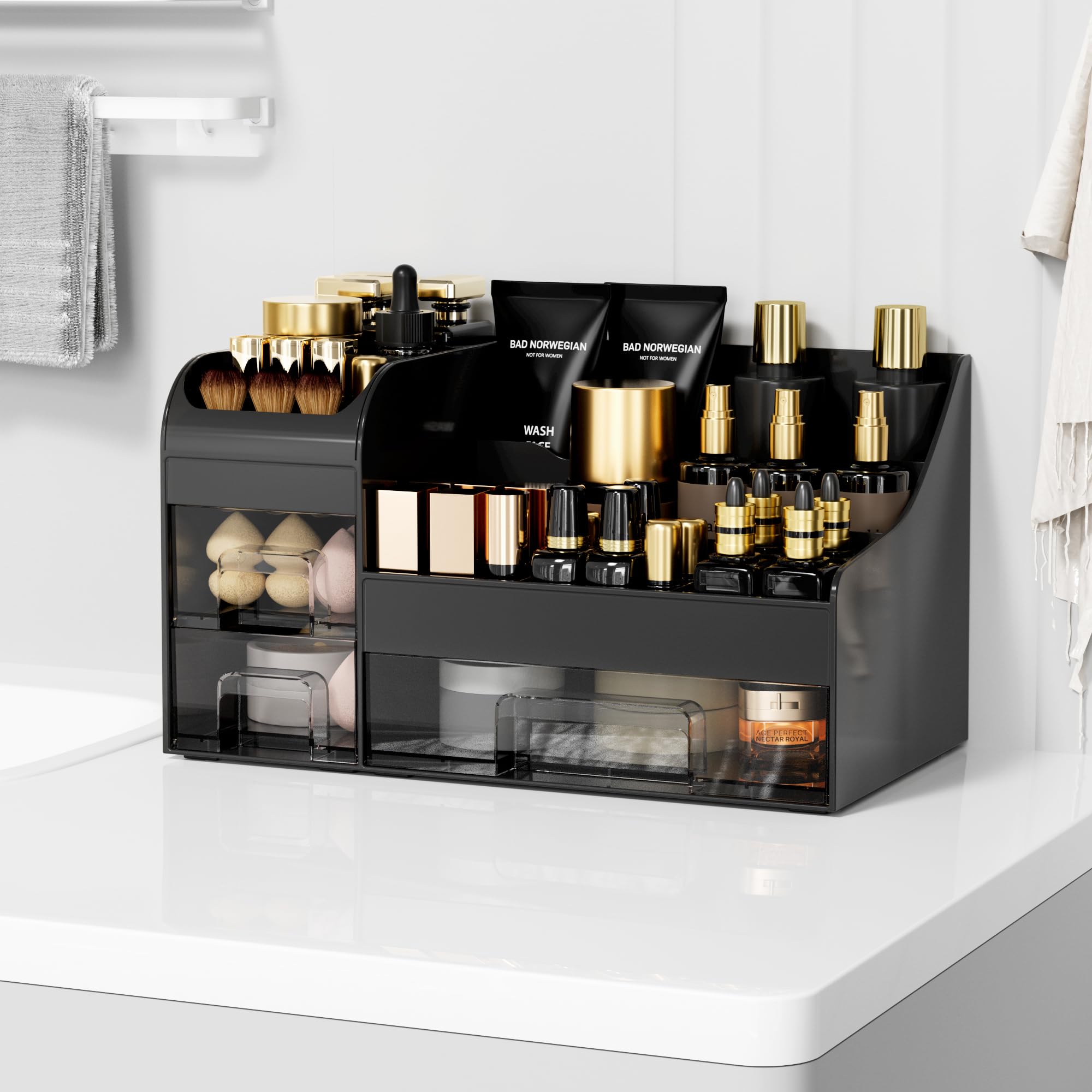 Organizer per trucchi con cassetti, grande scatola portaoggetti per cosmetici, organizer da banco per la cura della pelle, supporto per pennelli da trucco in ABS, per bagno, scrivania