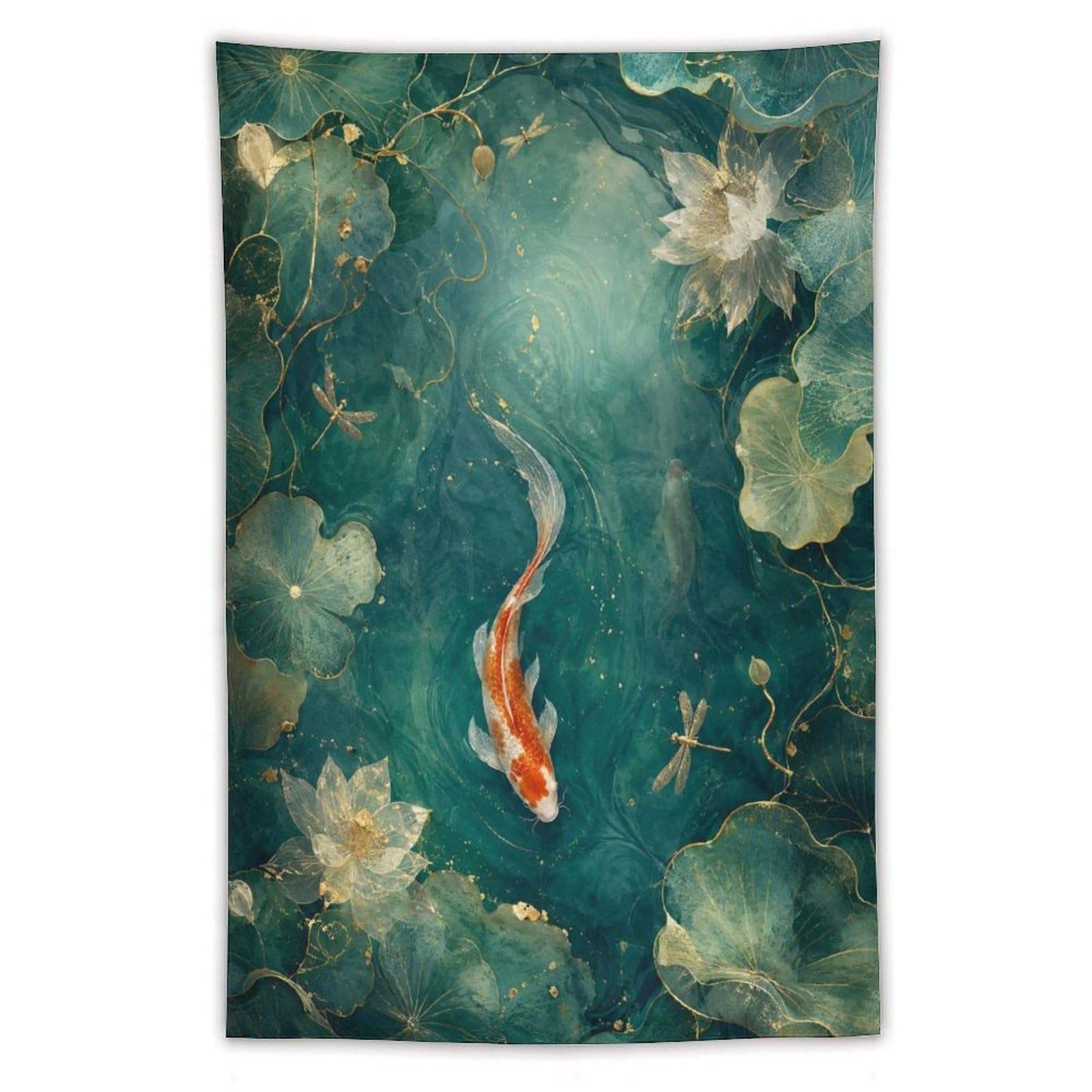 H3B8U2Y5 Koi Fish Pond Wall Tapestry, Watercolor, Minimalist Asian Art