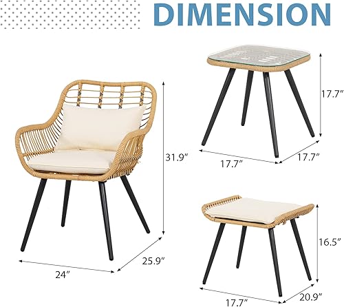 Miniatura 10 de JOIVI Juego de 3 piezas de mimbre para exteriores, muebles de patio, sillas de ratán y mesa auxiliar cuadrada para porche, balcón, piscina, patio,