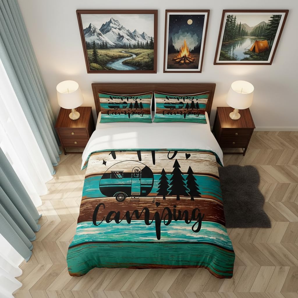 Happy Camping Queen Size Duvet Cover for Teens Youth,RV Camper Travelling Comforter Cover with 2 Pillow Shams,Farmhouse Style Wood Barn Bedding Set Ultra Soft Microfiber Breathable,No Comforter