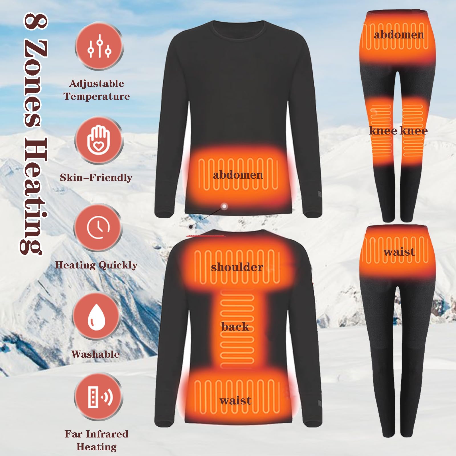 Mens Womens Electric Heated Thermal Underwear Set, Lightweight Thermal Top & Bottom Set for Hiking Camping,M,Women Black
