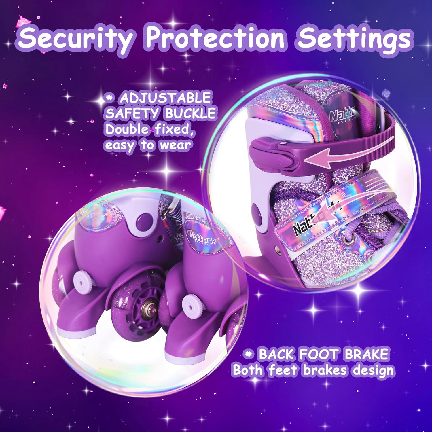 Nattork Toddler Roller Skates for Girls, 4 Adjustable Sizes Tri-Wheel Skates for Beginner Kids with Light-Up Wheels, for Indoor Outdoor Sports