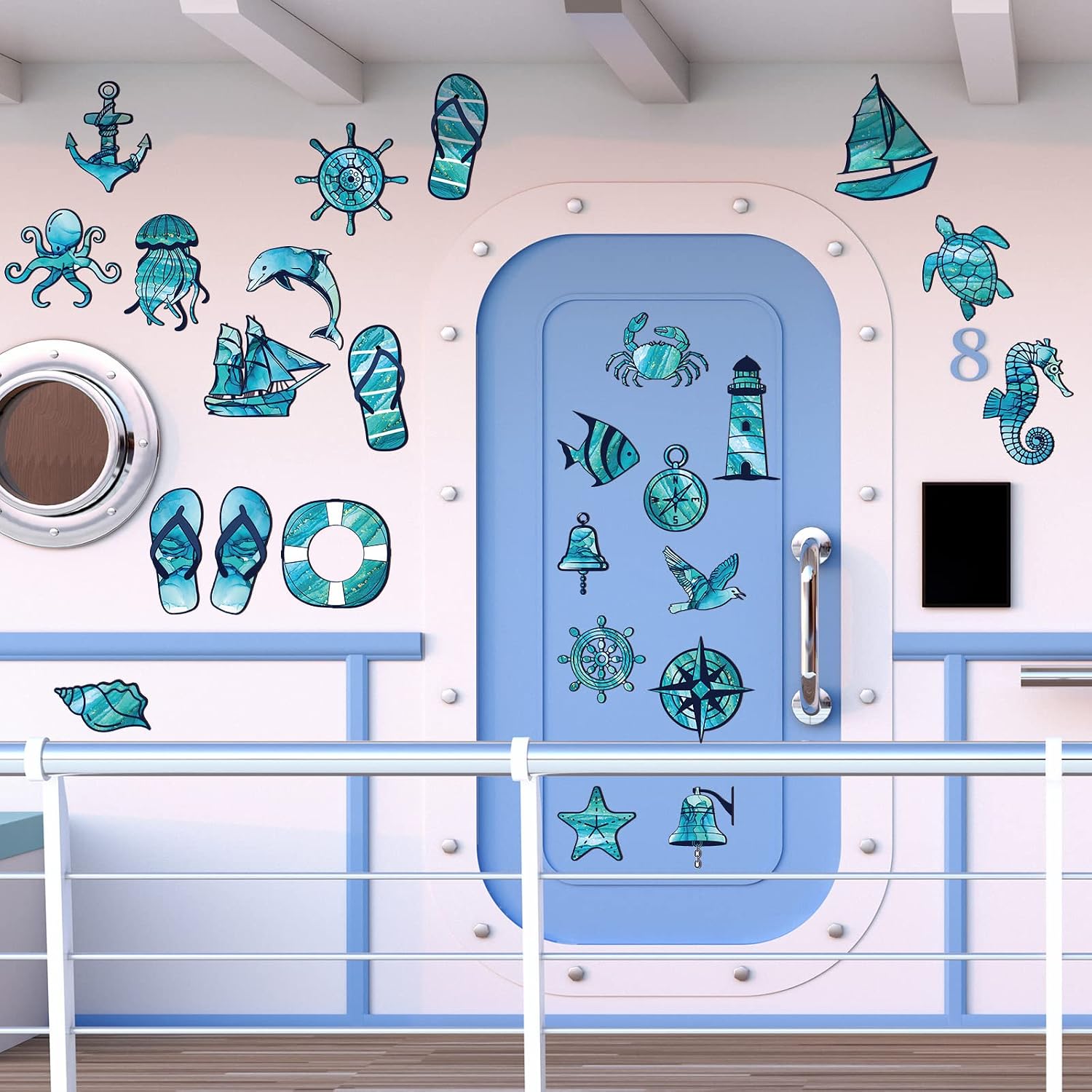Fabbay 25 Pcs Ocean Cruise Door Magnets Decorations Blue Summer Tropical Hawaii Car Magnetic Stickers Decorations Turtle Flip Flop Boat Anchor for Cruise Ship Door Refrigerator image 3