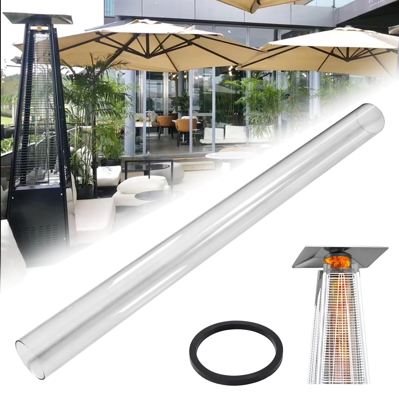 elysia Patio Heater Glass Tube Replacement 49.5 x 4" Patio Heater Replacement Parts with Ring Outdoor Heater Replacement Parts for 4-Sided Pyramid Heater