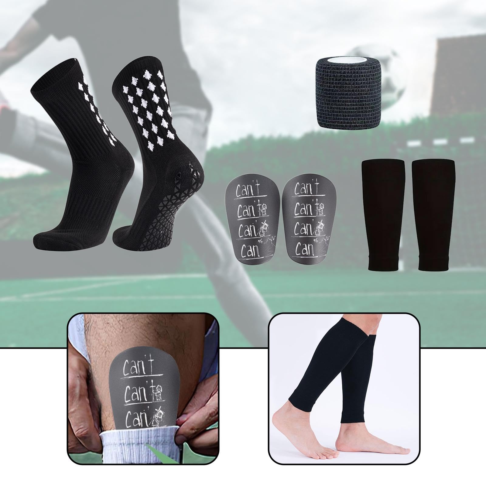 F Fityle Calcetines de fútbol antideslizantes con almohadillas, fáciles de usar, prácticos y multifuncionales, juego de equipo deportivo, espinilleras con, Negro
