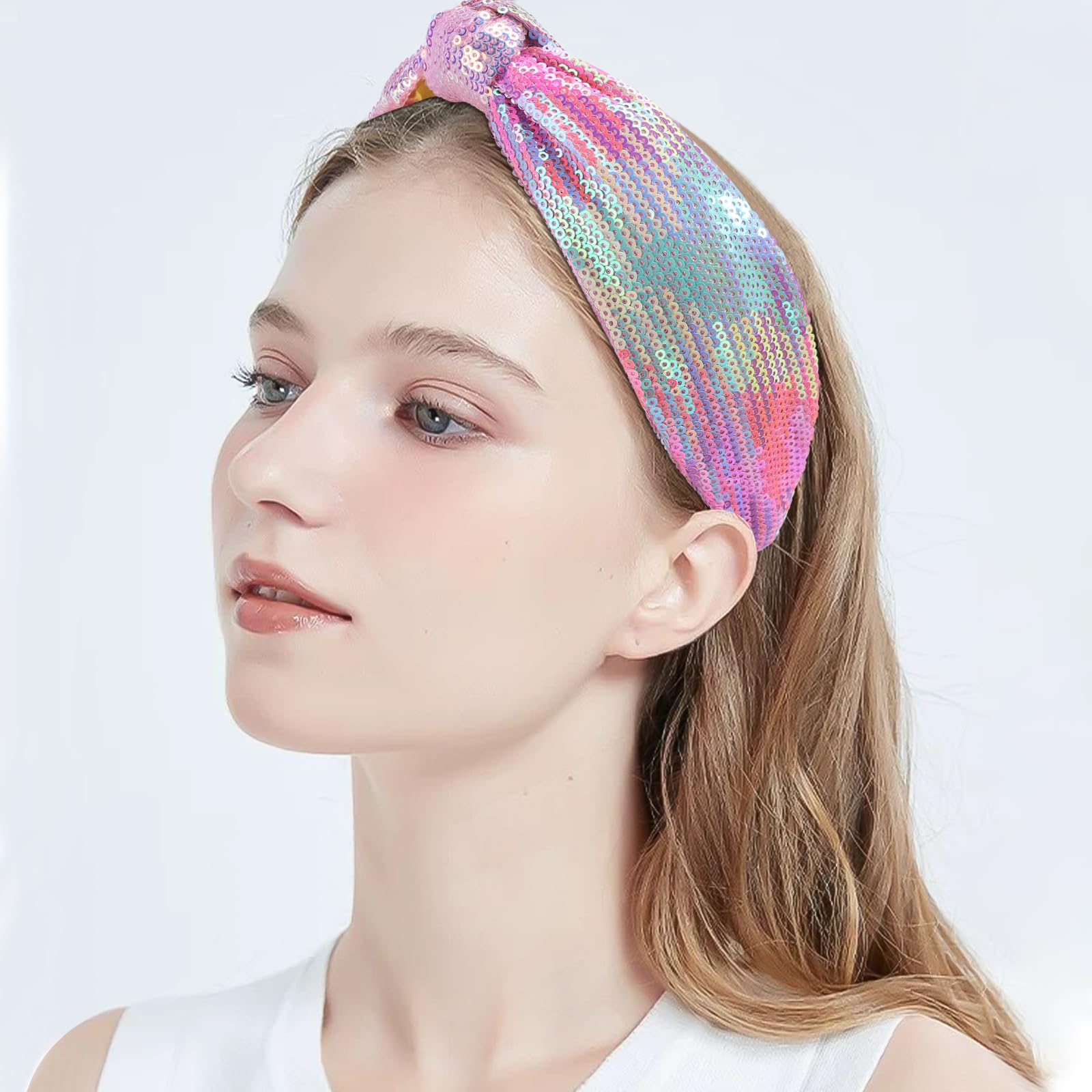 Diadema anudada de lentejuelas arcoíris con 4 piezas de accesorios brillantes para el cabello para niñas y mujeres, tocados cómodos con lentejuelas iridiscentes, diademas iridiscentes a la moda con