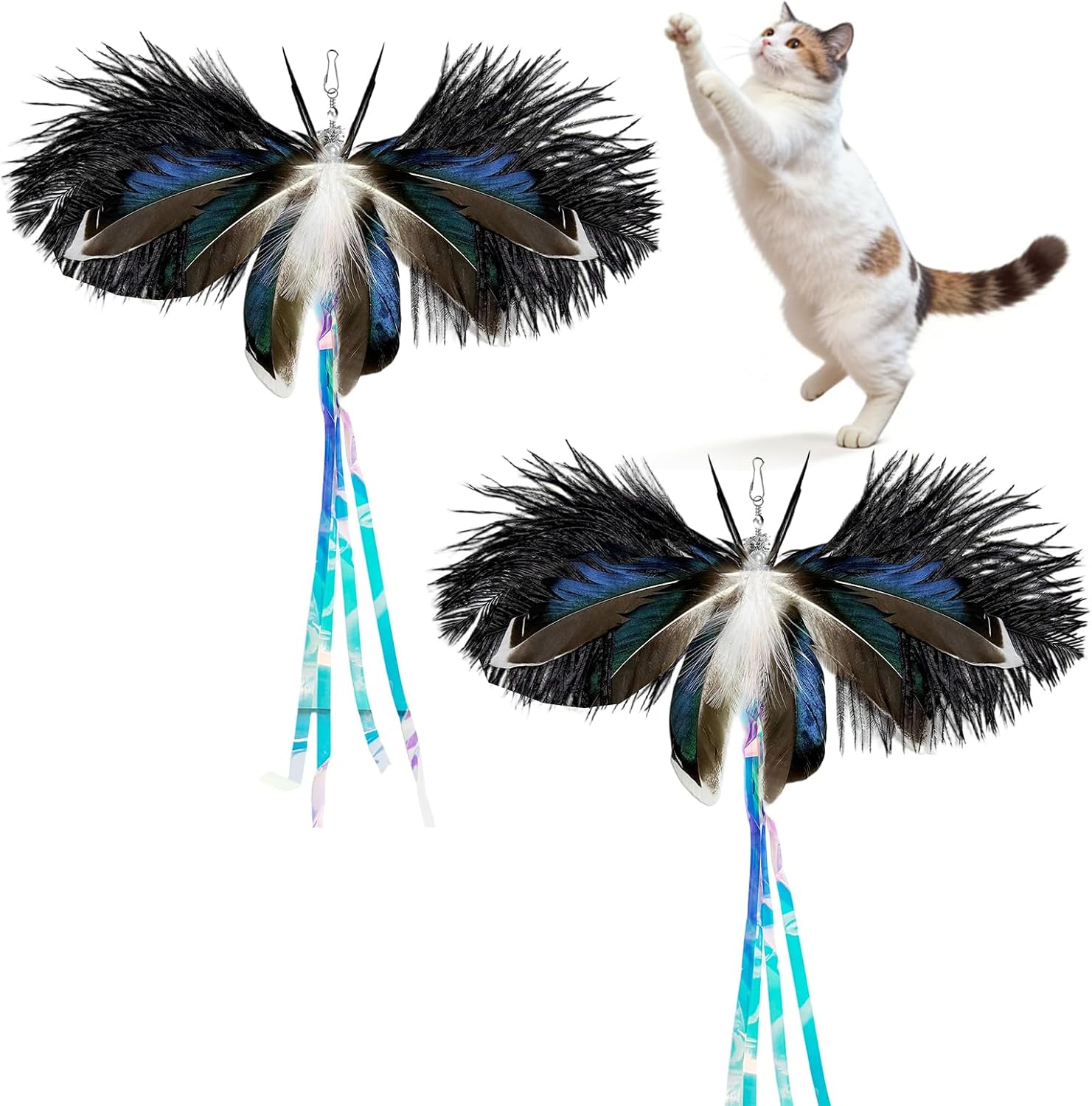 2-Pack Natural Feather Cat Wand Toy Attachments for Indoor Cats | 4 Long Natural Feather Wand Refills â Eagle-Style Cat Toy Replacement with Mixed Goose, Duck, Turkey & Ostrich Feathers