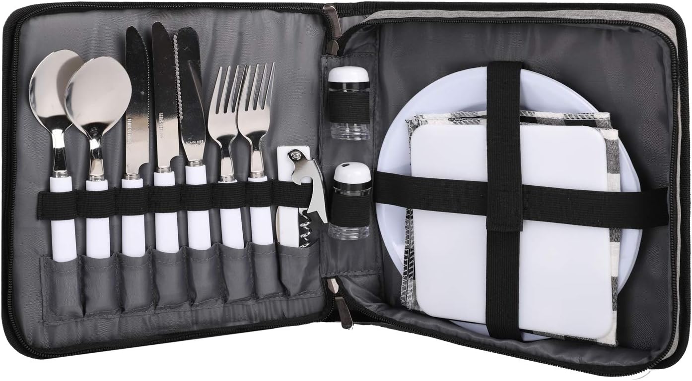 TAIBID Picnic Set Camping Cutlery Organizer 2 Person Dinnerware Set - 16pcs Eating Set with Plates,Spoons,Knives,Wine Opener,Forks,Napkins (Grey)