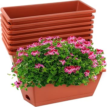 8pcs Window Box Planter,17 Inches Flower Window Boxes, Rectangle Planters Box with Drainage Holes and Trays, Plastic Vegetable Planters for Windowsill Patio Garden Home Decor Porch Yard Red