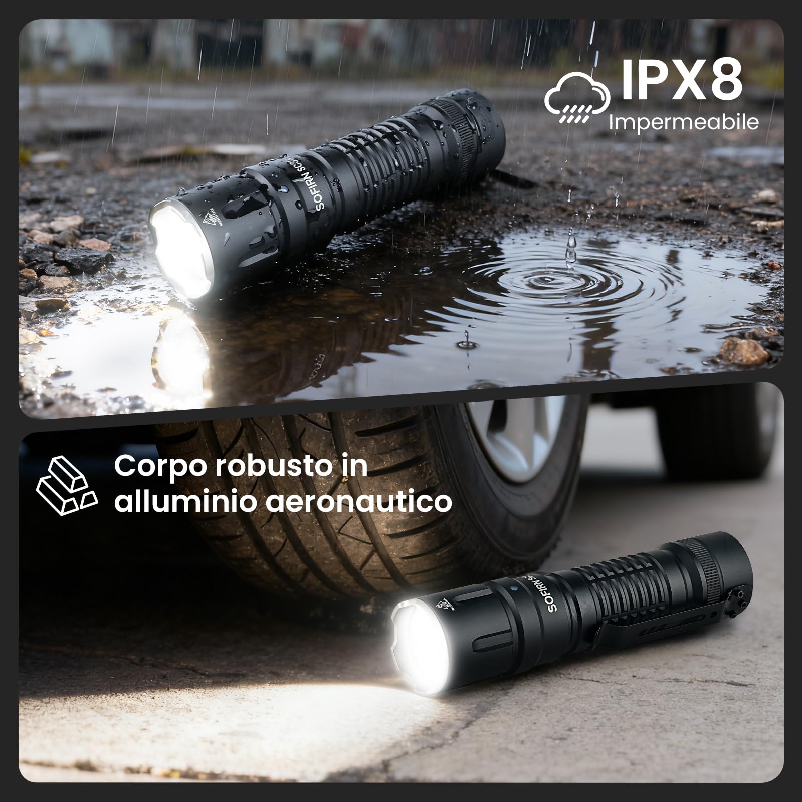 Sofirn SC33 Torcia a led super luminosa 5200 lumen tipo C ricaricabile IPX8 impermeabile con interruttore a coda E, funzione di blocco automatico per campeggio escursionismo emergenza