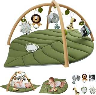 Blissful Diary Oversize Leaf Baby Play Gym Mat with 6 Detachable Toys - Tummy Time Sensory Development for Newborns