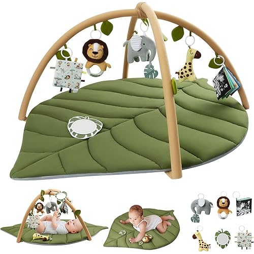 Blissful Diary Baby Play Gym & Activity Mat, Oversize Leaf Shaped Baby Play Mat w 6 Detachable Toys, Tummy Time Mat Promote Motor Skills & Sensory Development Mat, Newborn Infant Baby Essentials Gift