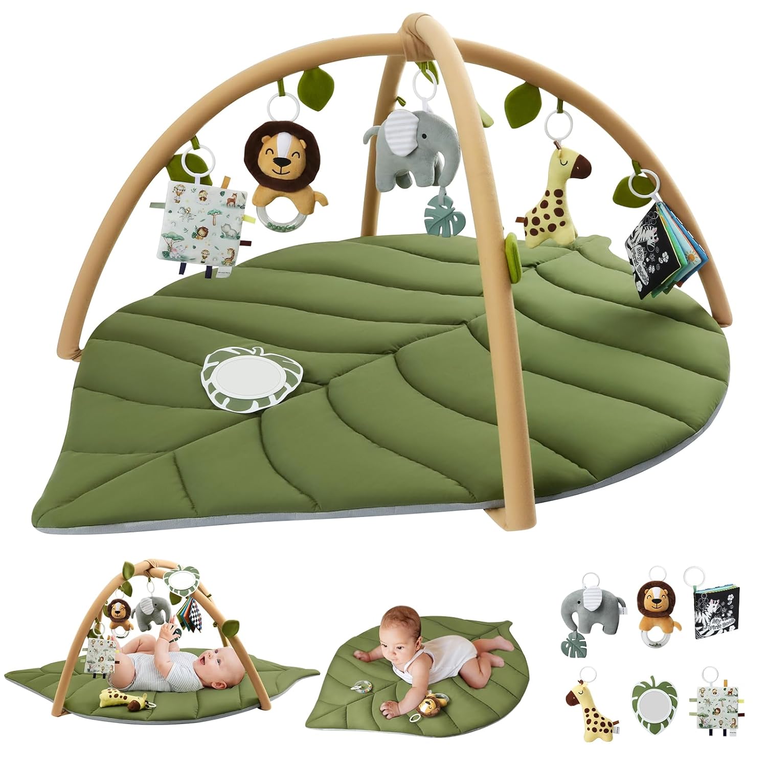 Blissful Diary Oversize Leaf Baby Play Gym & Activity Mat with 6 Detachable Safari Toys - Tummy Time Sensory Development for Newborns