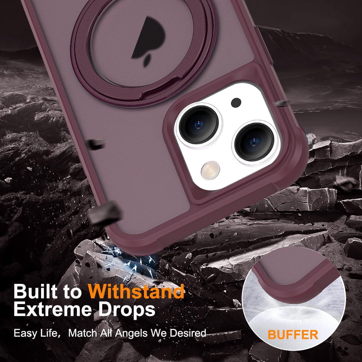 for iPhone 13/14 Case 6.1 Inches 360°Rotatable Magnetic Ring Invisible Stand,[Compatible with Mag-Safe] Military Shockproof Frosted Translucent Case,Wine Red