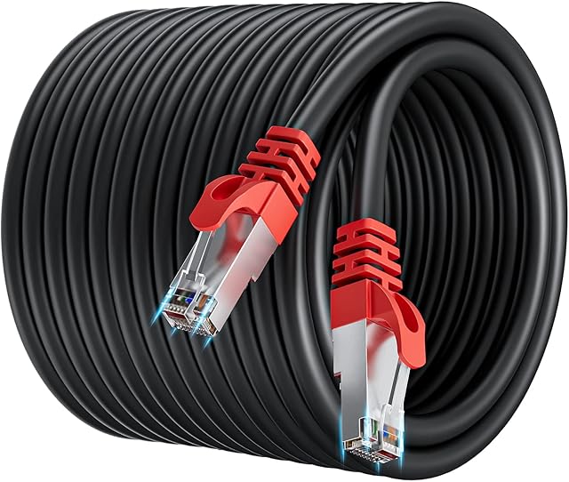 Ethernet Cable Cat 7 50m, Internet Cable High Speed Shielded SFTP 10Gbps 600MHz RJ45 Cable Outdoor Long Network Cable 50 Meters Weatherproof Gigabit LAN Patch Cable Black for PS5/4 Switch Router Modem