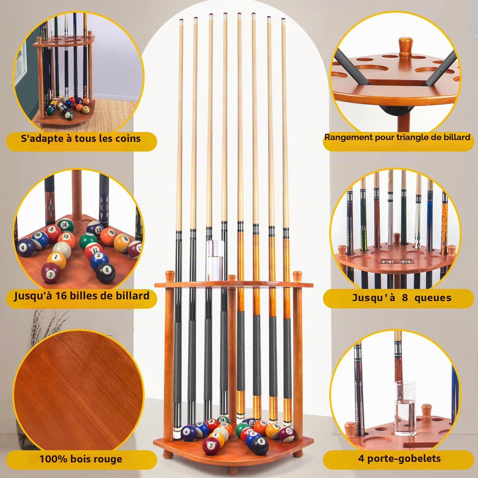 AKLOT Support Mural de Queue de Billard pour 16 Boules et 8 Bâtons - Lot Complet
