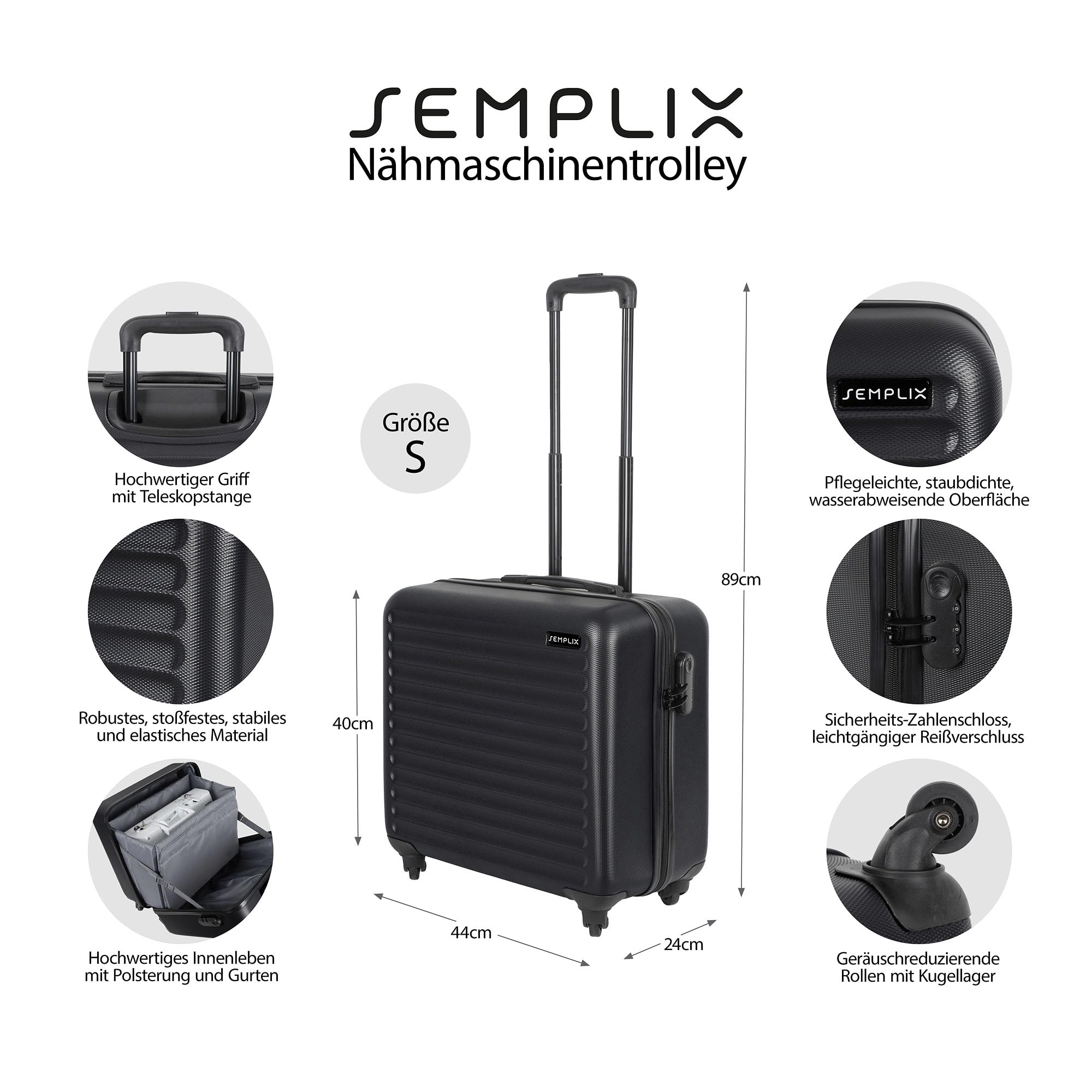 SEMPLIX Carro para máquina de coser rígido con alta movilidad 360° y 4 ruedas suaves, Negro, 44 x 24 x 40 cm