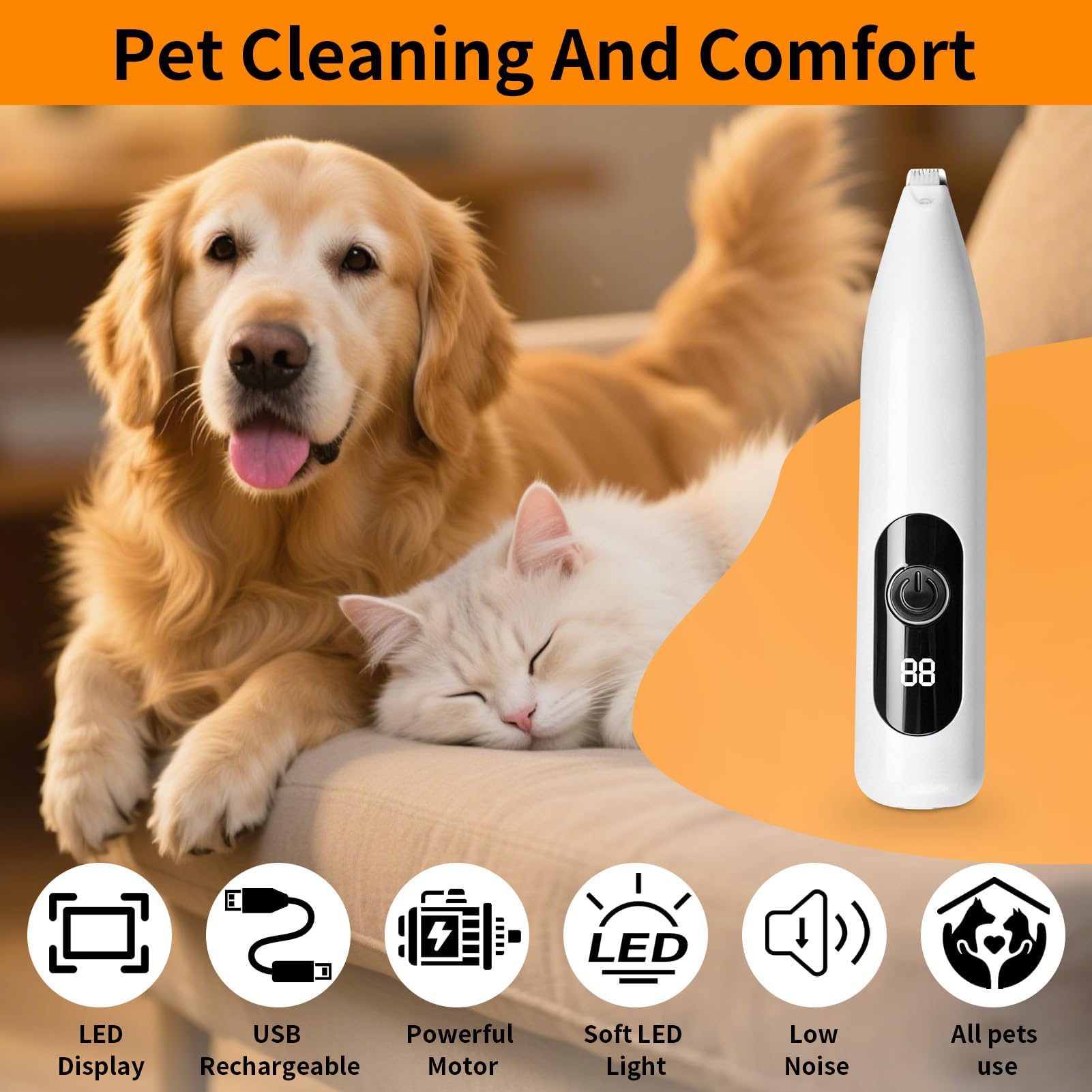 Tondeuse pour chat avec LED USB rechargeable, tondeuse chat silencieuse de précision pour pattes oreilles yeux visage, tondeuse animaux pour chien chat poils longs