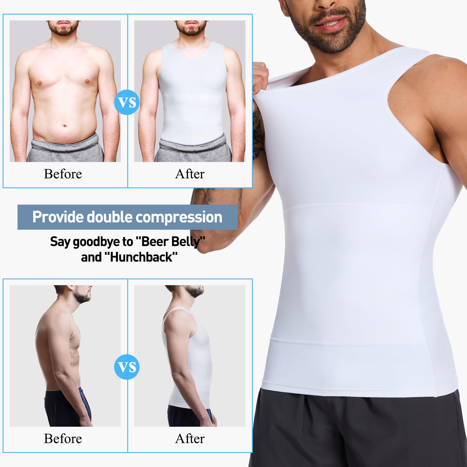 SLIMBELLE Gilet de compression pour homme avec col en V élastique et amincissant - Contrôle du ventre - Couche de base - Haut de compression galbant pour homme