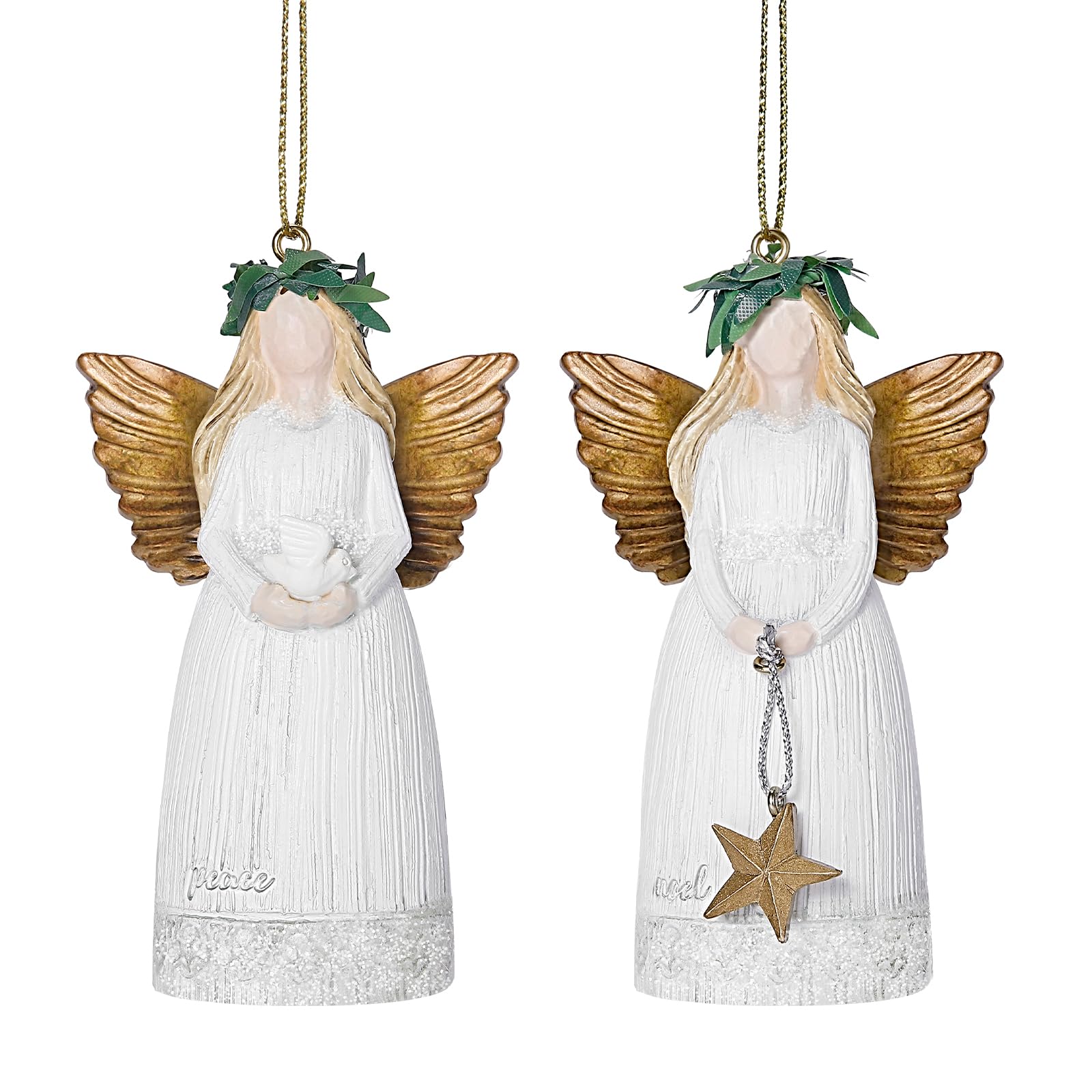 Christmas Angel Figurines Set of 2 Small Ornaments Resin Angels Collectible Figure with Peace & Noel Text, Holiday Home Decor Xmas Gifts, 3.8In
