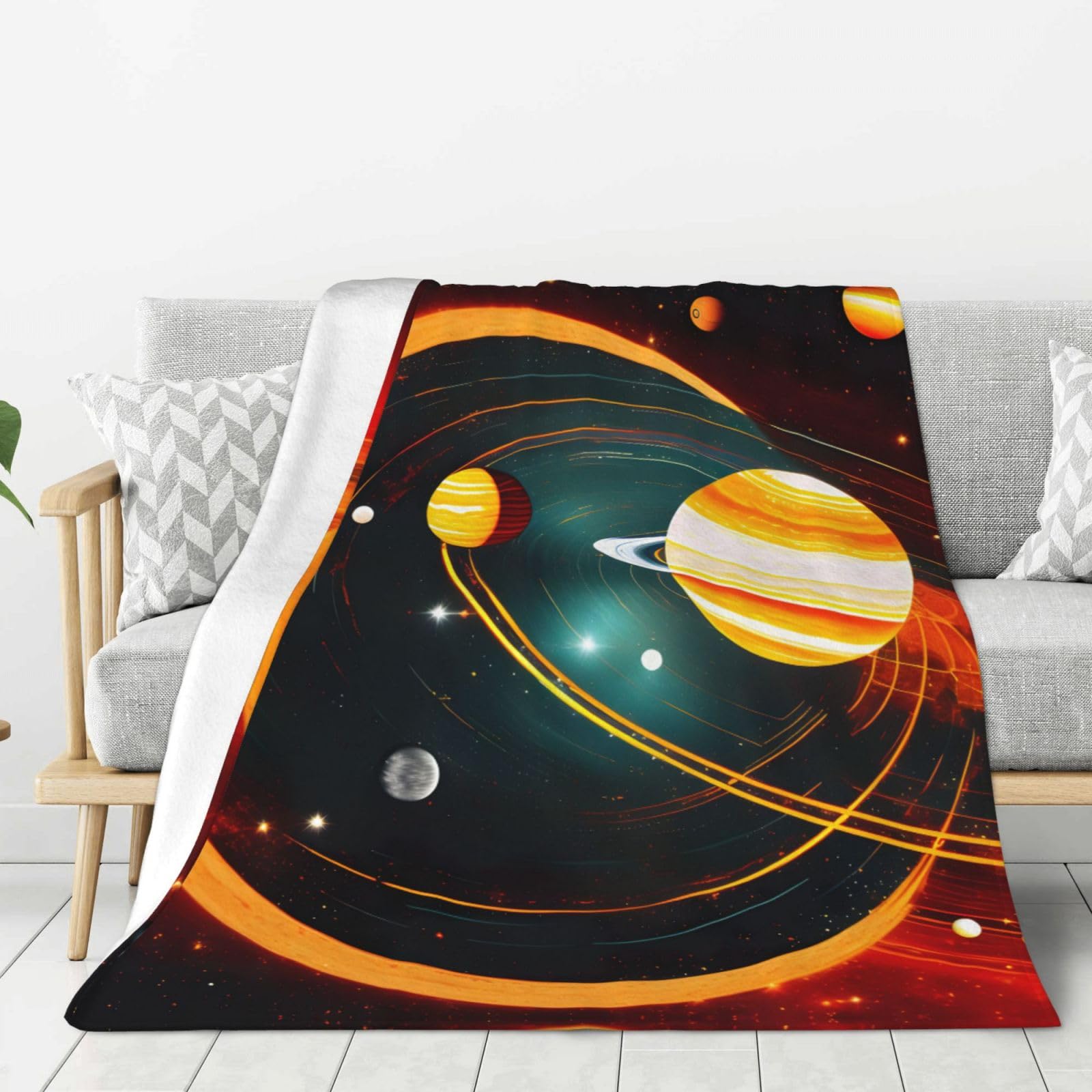 Couverture Saturne douce et chaude grand format : plaid système solaire lit et canapé