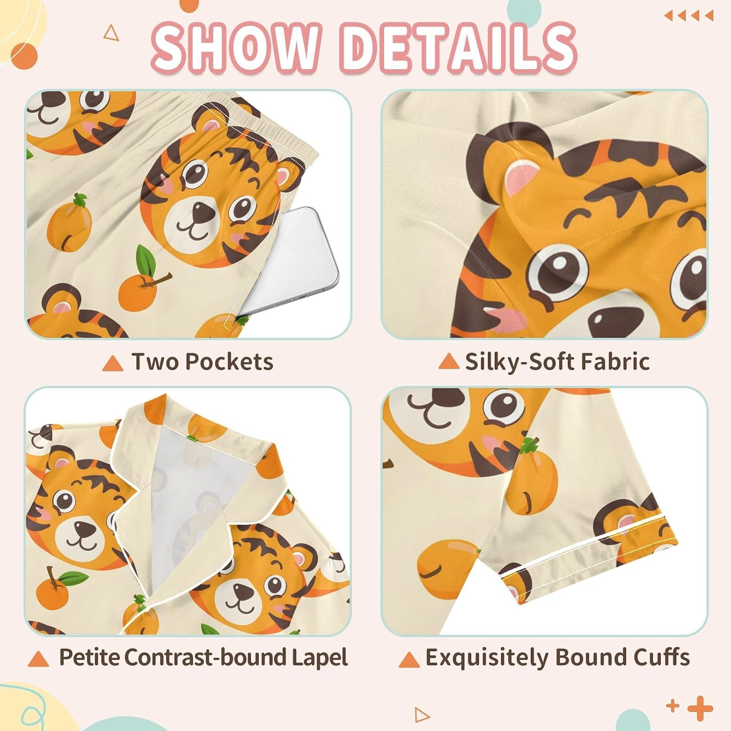 Kids Casual Satin Wear Set Fruit and Cute Tiger Face Unisex Short Sleeve Clothing for Relaxing