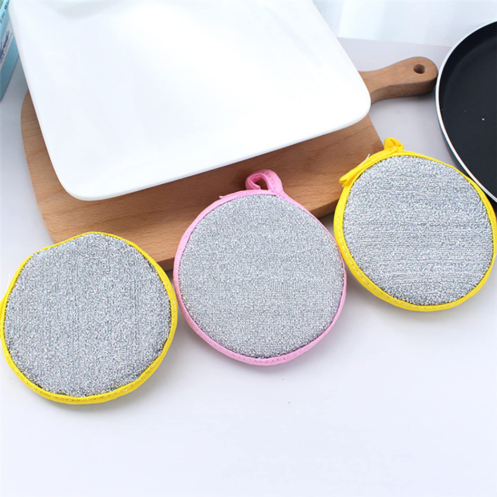RRJ 10Pcs Kitchen Cleaning Sponges Double Side Round Microfiber Reusable Scrubber Pan Pot Dish Wash Household Cleaning Scouring Tools Random Color 2