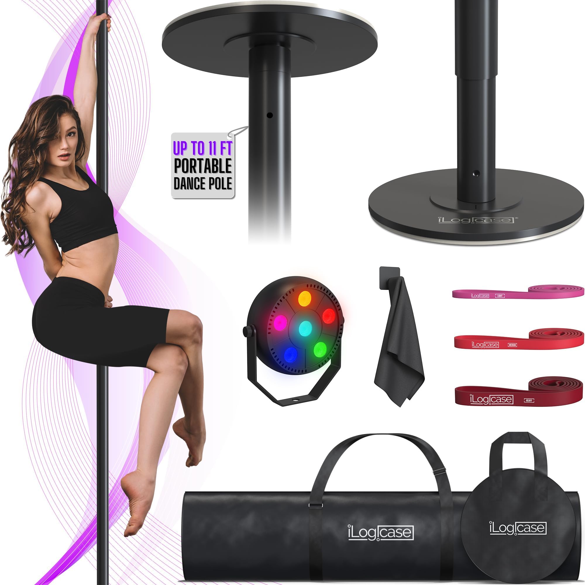 Spinning Dancing Pole for Home | Portable and Heavy Duty 45mm Dance Pole Apartment Friendly, Adjustable Height 7ft to 11ft, w/Pole Conditioning Bands Set, LED Light and Carry Bags