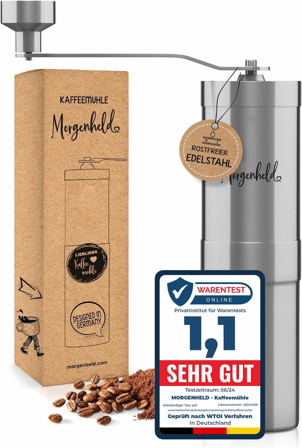 Morgenheld Kaffeemühle manuell – Edelstahl Handkaffeemühle mit stufenlosem Keramik-Kegelmahlwerk – für Espresso bis French Press, 35 g Füllmenge – für Zuhause, Outdoor & Camping