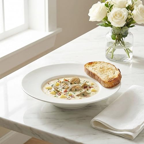 Miniatura 5 de cuencos de sopa con borde de cerámica, 5.1 oz, blancos de 8.5 pulgadas, juego de 4 platos pequeños exquisitos para sopa, platos para pasta con borde