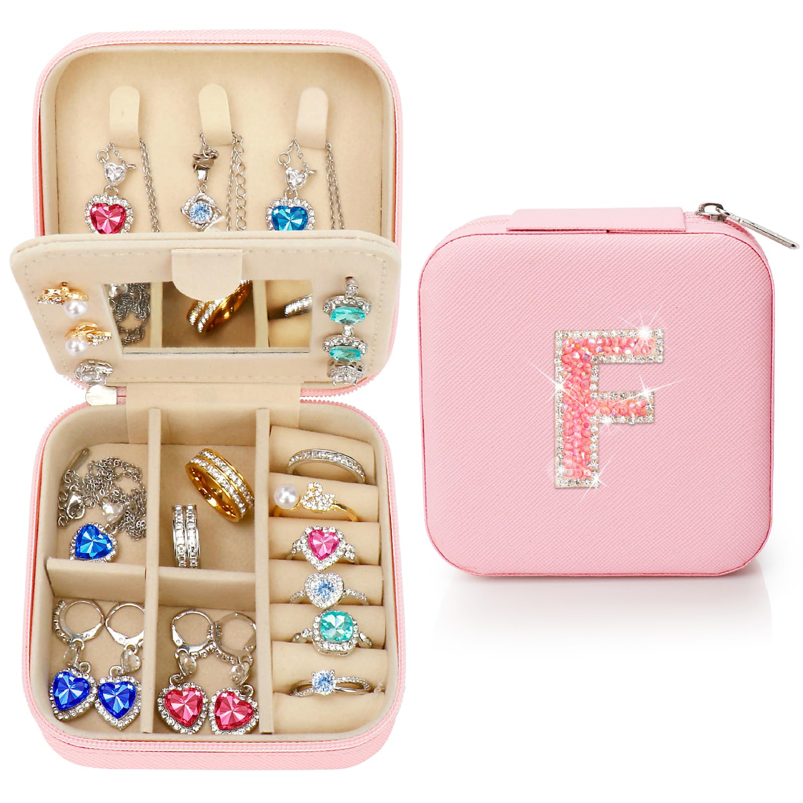 Nuozme Bling Sparkly Initial Jewelry Case,Personalized Gifts for Teen Girls,Kids,Women,Brides, Bridesmaids, Glitter Rhinestone Travel Jewelry Box,