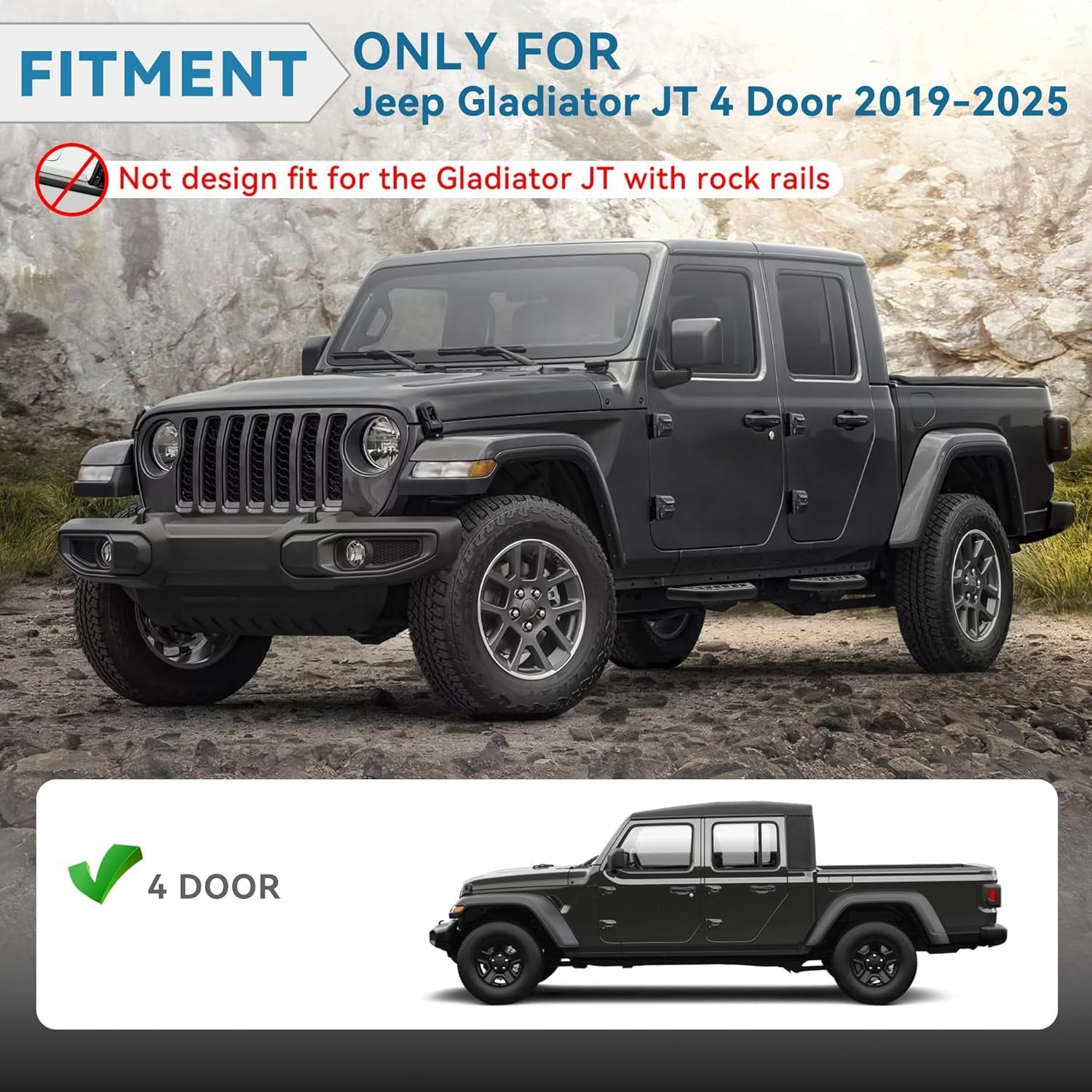 Side Steps Set of 4 Compatible with Jeep Gladiator JT 4 Doors 2019-2025, Heavy Duty Carbon Steel Running Boards Fit for Gladiator Front/Rear Door, 6.7" Anti-Slip Small Steps