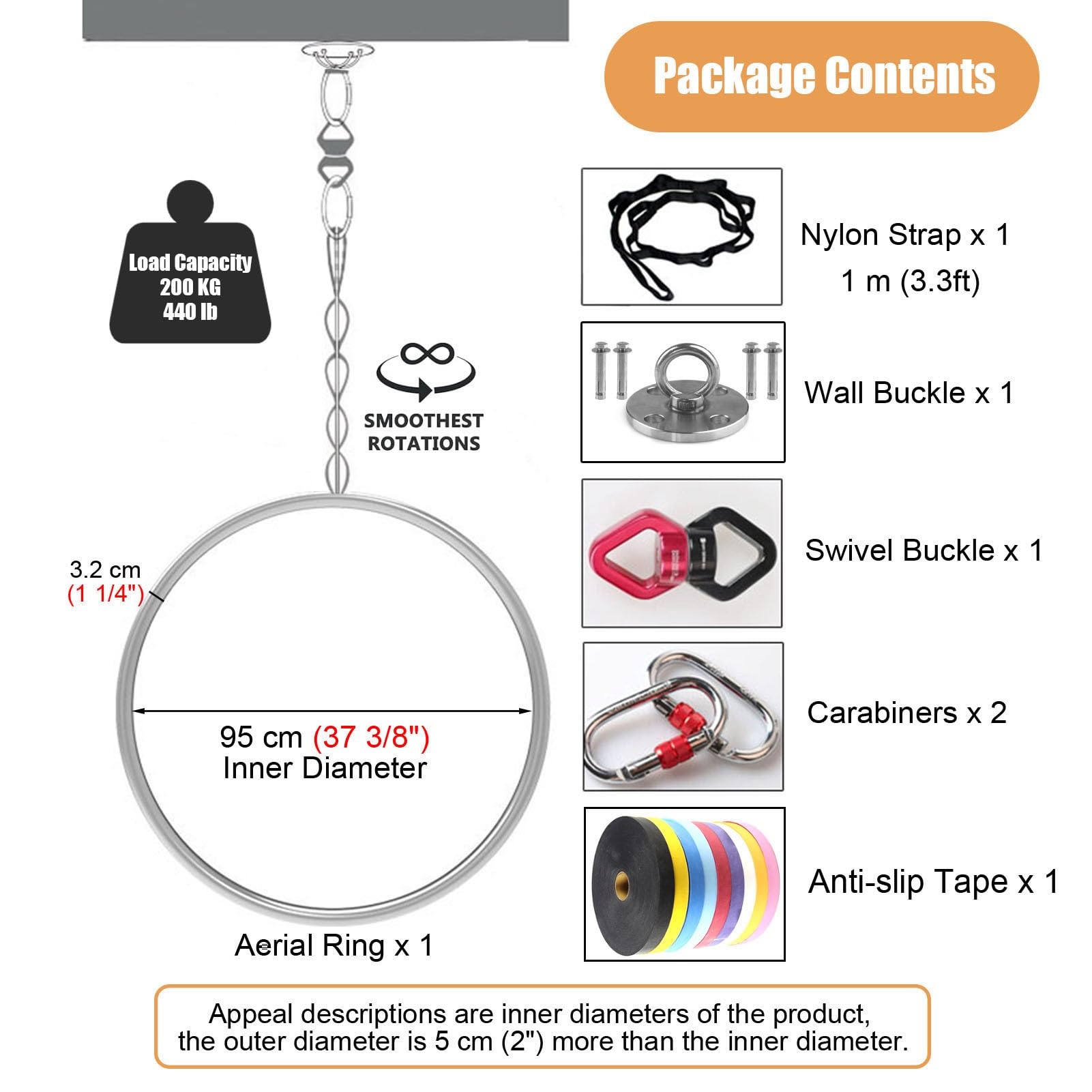 Kunovo Lyra Aerial Hoop Set Fully, Stainless Zero Point Aerial Yoga Ring Hoops with Complete Rigging Hardware, Silver Aerial Fitness Ring Equipment (Size : 95 cm (37