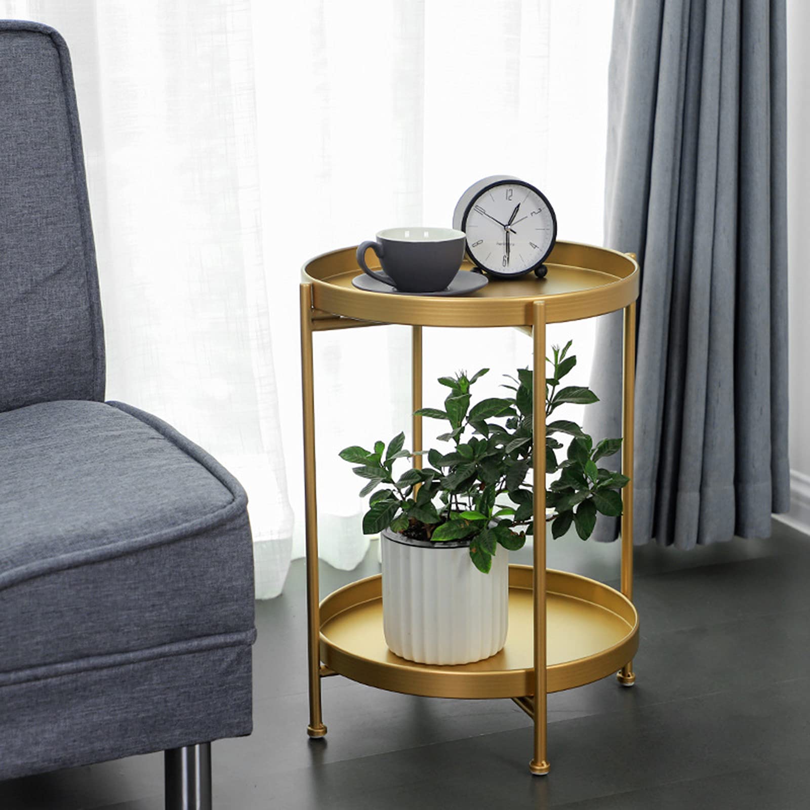 Side Table, 2-Tier Round Metal Side Table Removable Tray, Circle Coffee Table Indoor/Outdoor, Sofa Side Snack Table,Gold