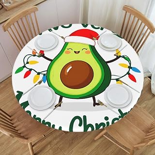 Avocado Merry Christmas Print Round Tablecloth | Elastic Fitted Table Covers, Waterproof, Oil & Stain Resistant, For 35.4" - 55.1" Tables, For Outdoor Picnic, Dining