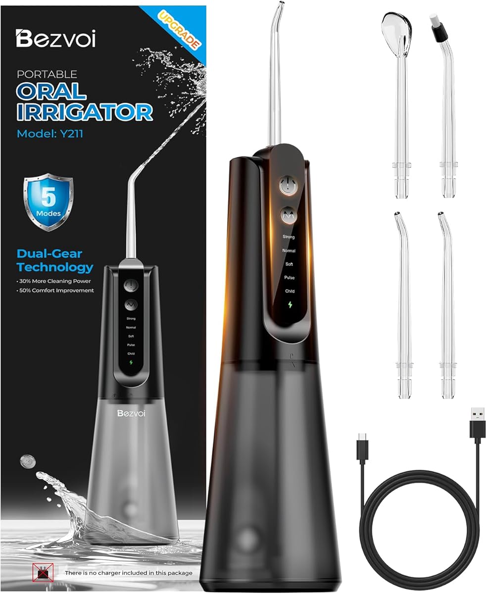 Bezvoi Portable Water Flosser for Teeth: Gum-Sensitive Friendly, Dual-Gear Motor Technology Irrigator Dental Pick with 5 Modes for Braces & Orthodontic, IPX7 Waterproof, Cordless for Travel, Charcoal
