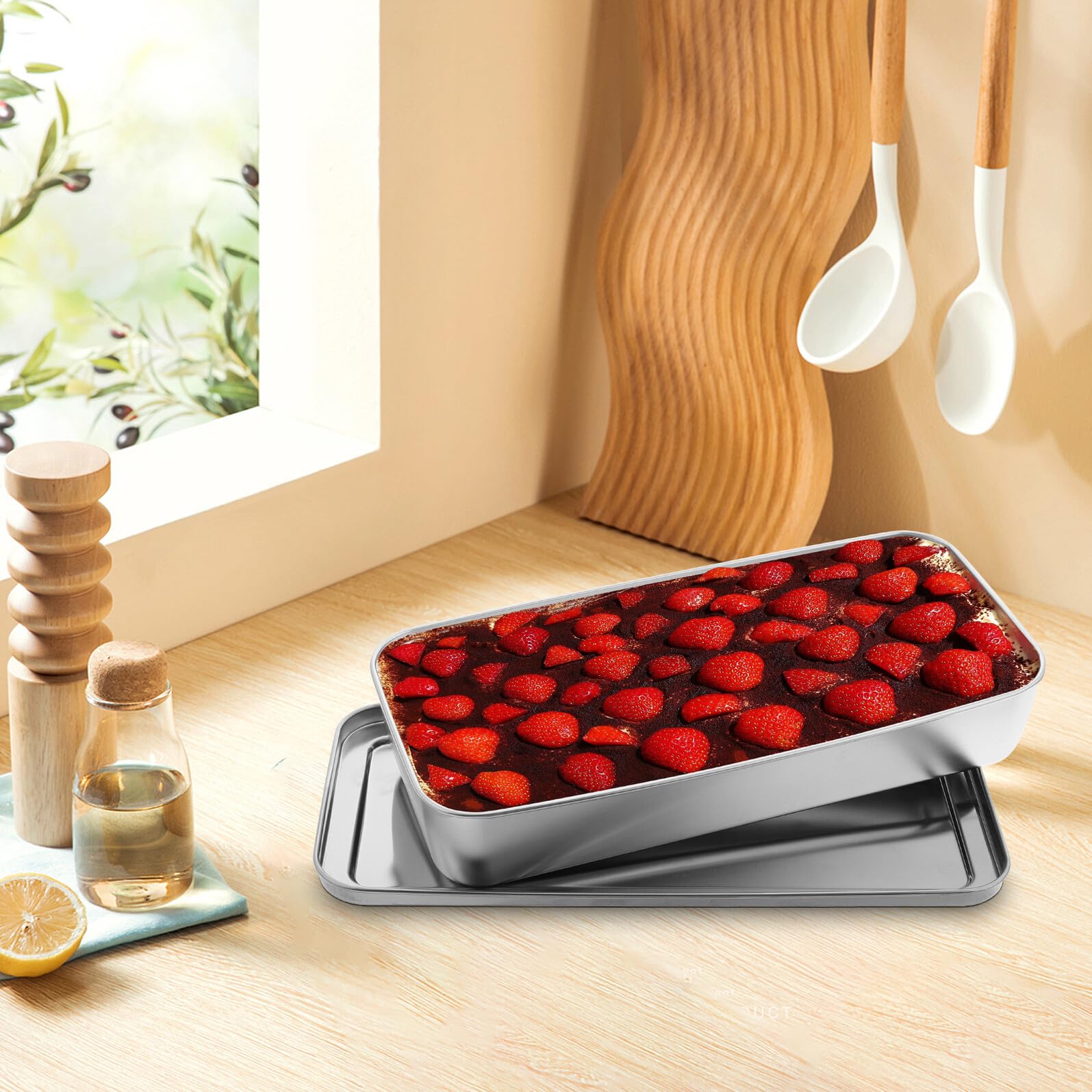 BESPORTBLE Teglia Rettangolare in Acciaio Inossidabile 33X155X6 CM con Coperchio Contenitore per Dolci e Tiramisù Teglia da Forno Antiaderente per Cottura Conservazione e Servizio in