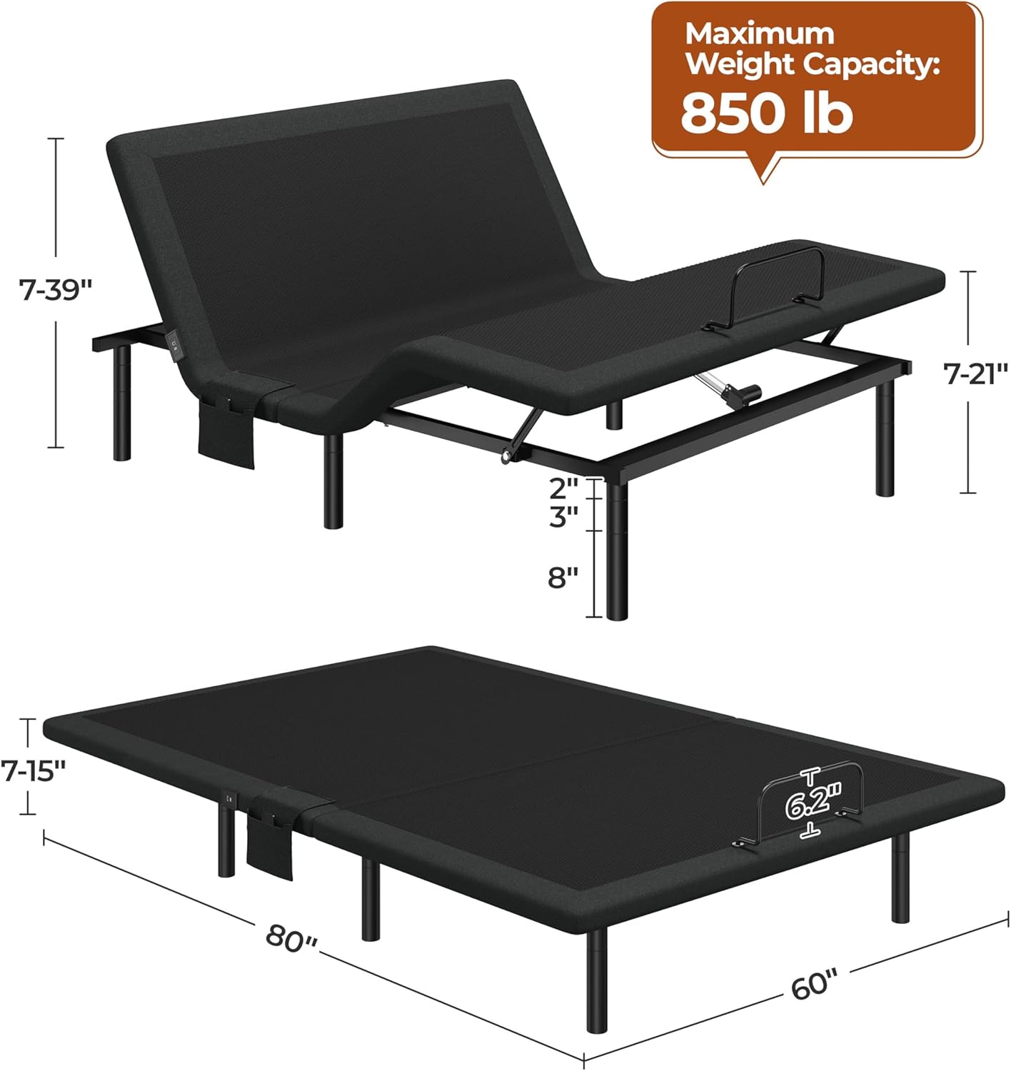 Diagram showing the dimensions of the adjustable bed frame and its maximum weight capacity of 850 lb.