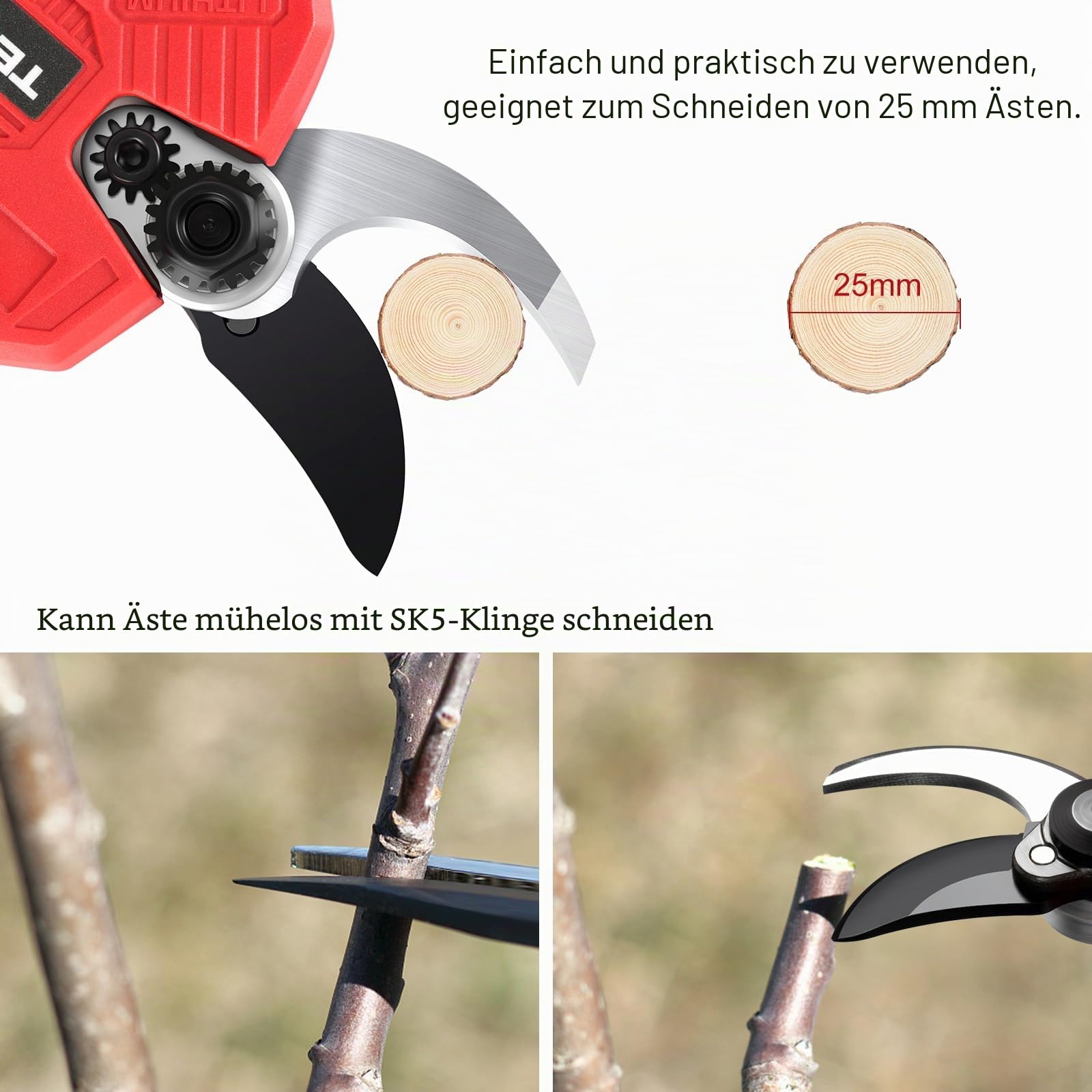 TEENO Elektrische Gartenschere 30mm, kabellos, bürstenlos, mit LCD,2*2000 mAh Batterien, schnurlose professionelle elektrische Schere für Garten, Äste und Obstgärten(zwei Batterien), TEENO-CD616