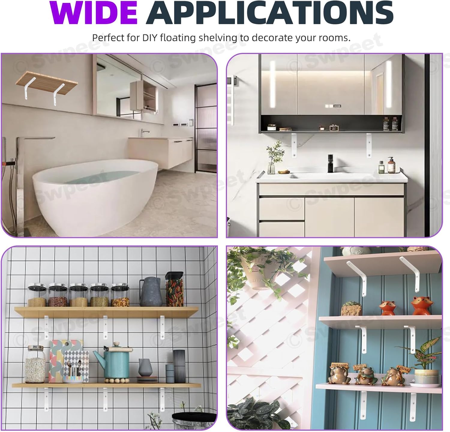 Swpeet 4 Pack 8"L x 6"H Iron Wall Shelf Bracket, Heavy Duty Shelf Support Bracket, Floating Shelf Bracket, Decorative Joint Angle L Steel Bracket Kit Contains 20/40MM Screws, Anchors for Home, White