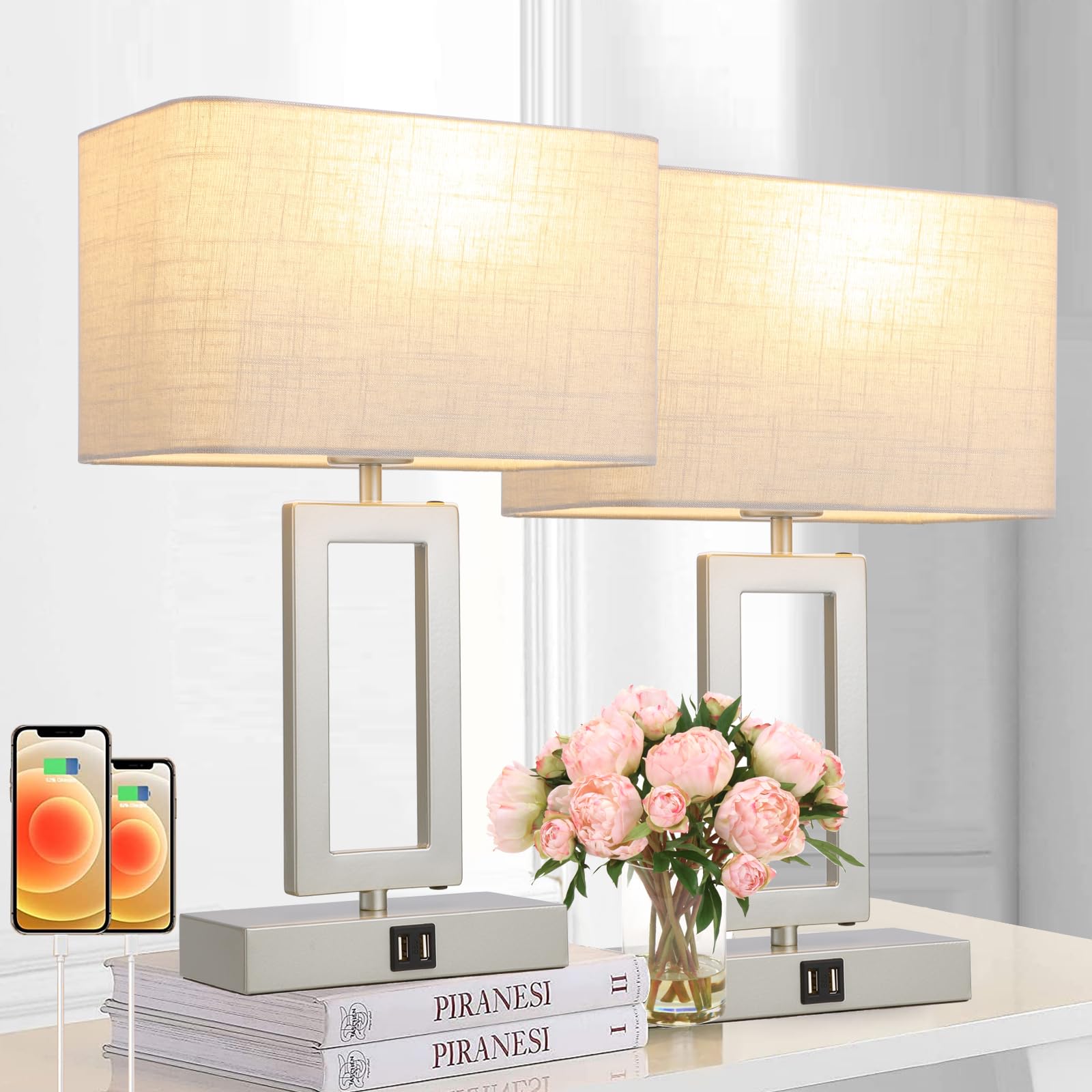 Lamps Set of 2 Touch Control Table Lamps with 2 USB Ports 3-Way Dimmable Bedside Nightstand Lamps for Bedrooms Silver Lamp for End Table Contemporary Lamps with Beige/Grey Shades