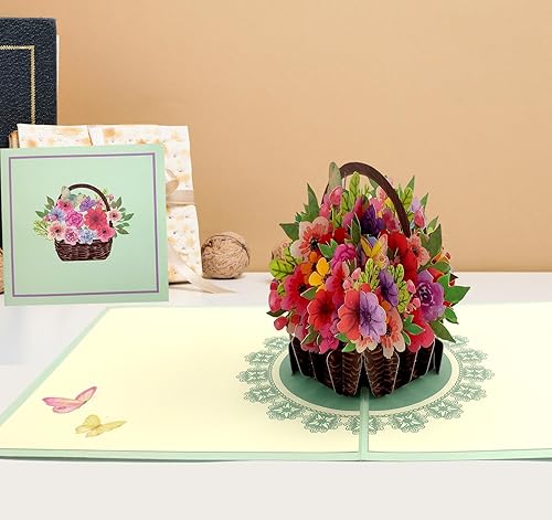 Miniatura 2 de Agoer Tarjeta de felicitación desplegable, cesta de flores, tarjeta de felicitación 3D para novia, esposa, madre, abuela, día del profesor, día de