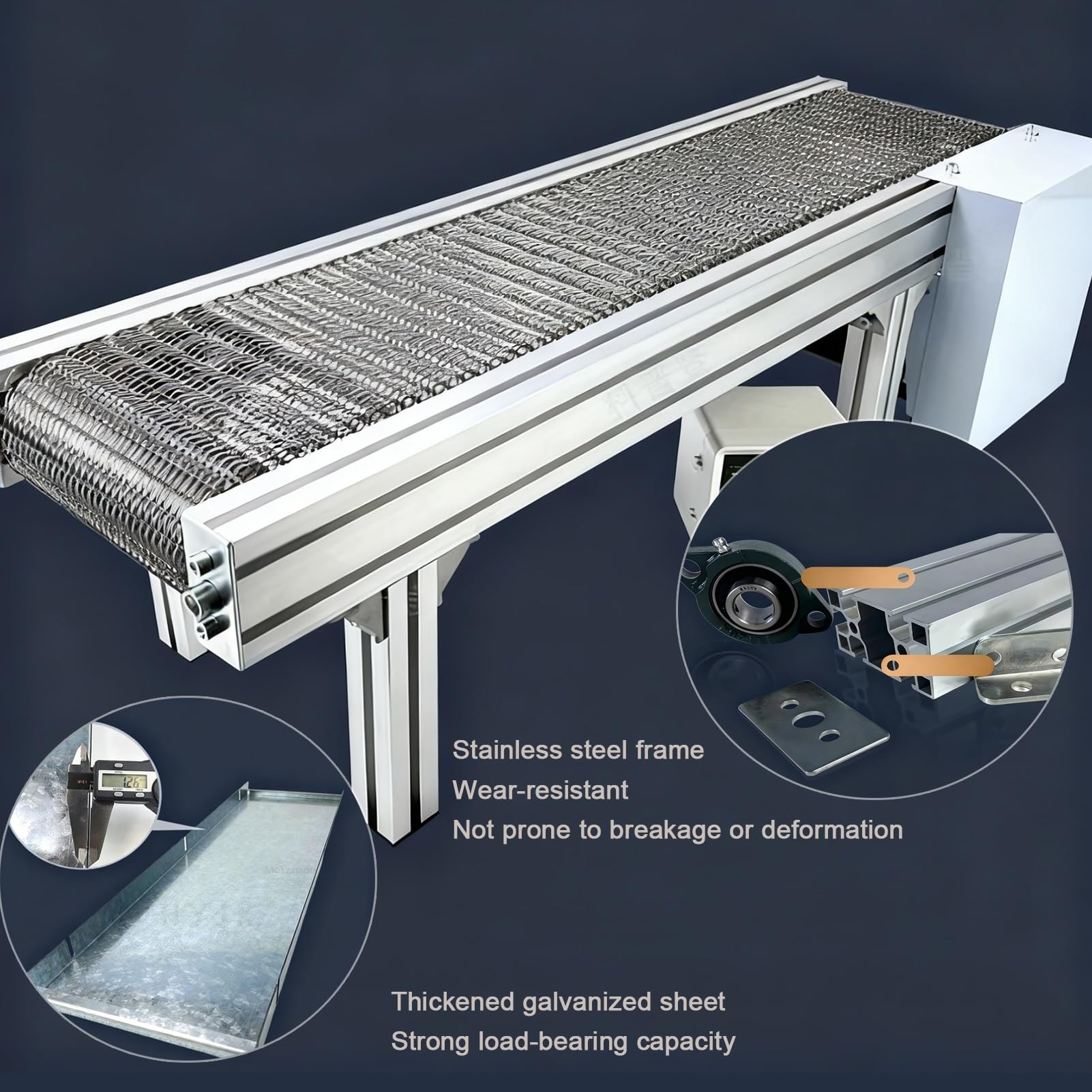 Cichy metalowy przenośnik taśmowy Płaski system przenośnika ze stali nierdzewnej Regulowana prędkość Linia produkcyjna Przenośnik stołowy (1000 x 800 mm) - Wydajne rozwiązanie transportowe do dużych