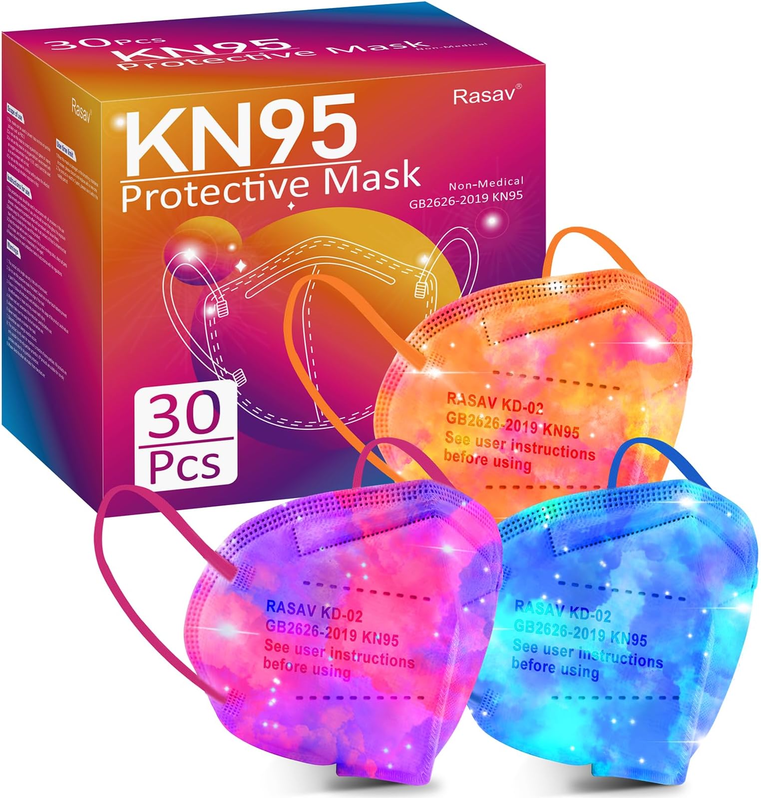 Rasav KN95 Face Masks 30 Pack, Beautiful Galaxy Print KN95 Masks for Adults, Good-Looking Fashion Statement Masks KN95 for Men & Women