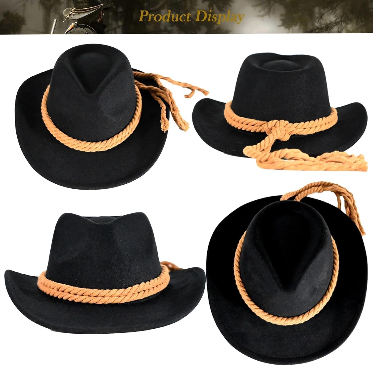 Western Black Felt Cowboy Hat with Twine Men & Women's Classic Wide Brim Suede Hats Panama Hat Adult Size Gift for Fans Gamer Cosplay