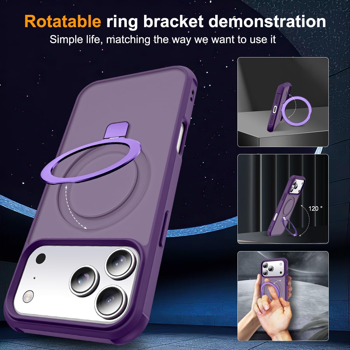 Compatible with iPhone 17 Pro Max Case with Invisible Magnetic O-Ring Stand Military-Grade Translucent Case for iPhone 17 ProMax 6.9" [Compatible with Mag-Safe][Great Grip Feeling], Purple - Image 2
