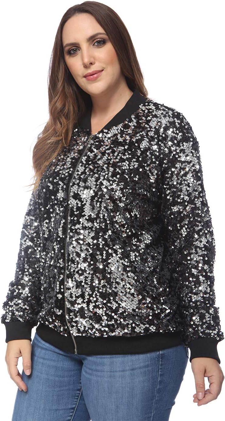 Anna-Kaci Women's Plus Size Sparkly Jacket Long Sleeve Zip Up Sequin Bomber Jacket Coat - Image 3