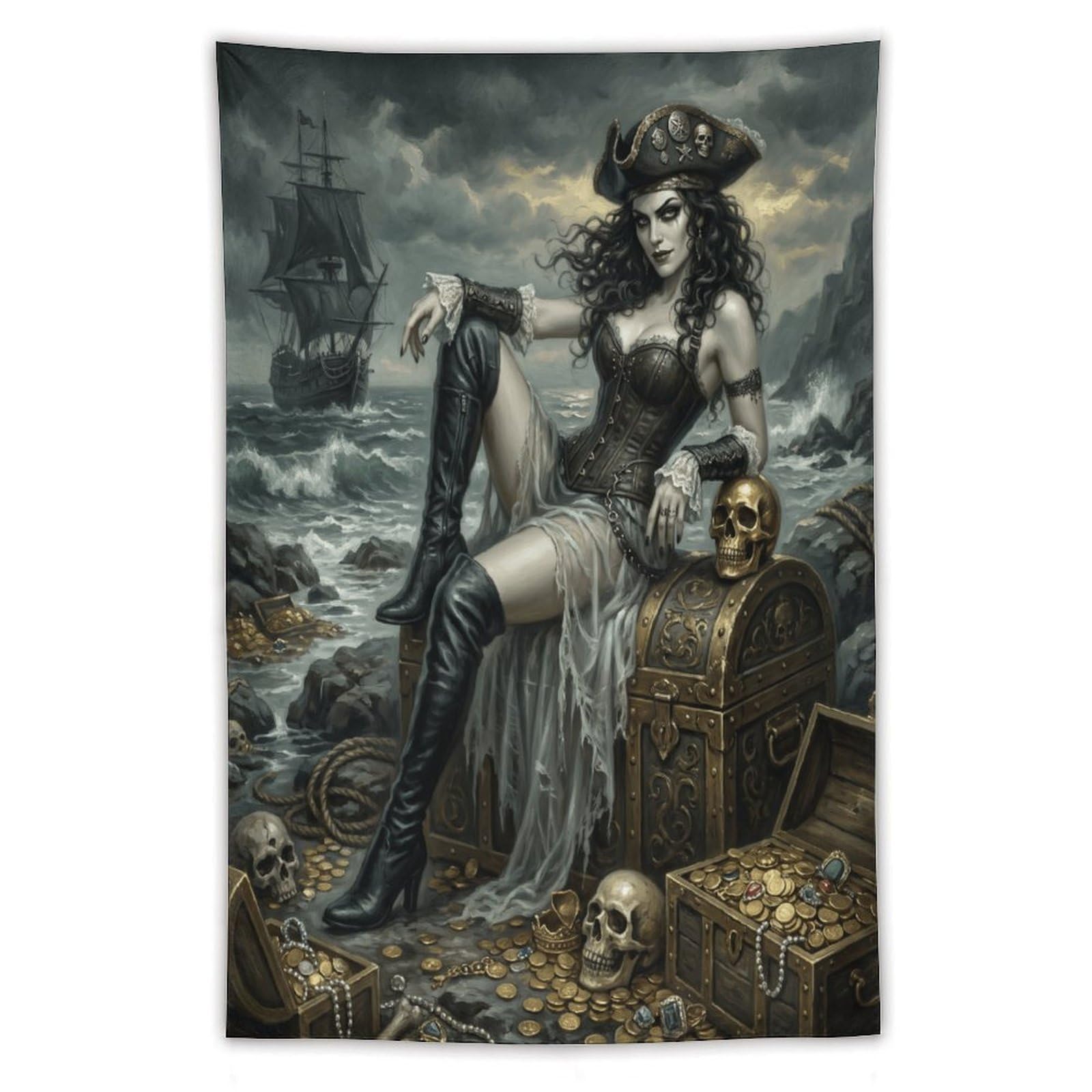 H3B8U2Y5 Pirate Queen Skull Treasure Wall Tapestry, Gothic Metal Edge