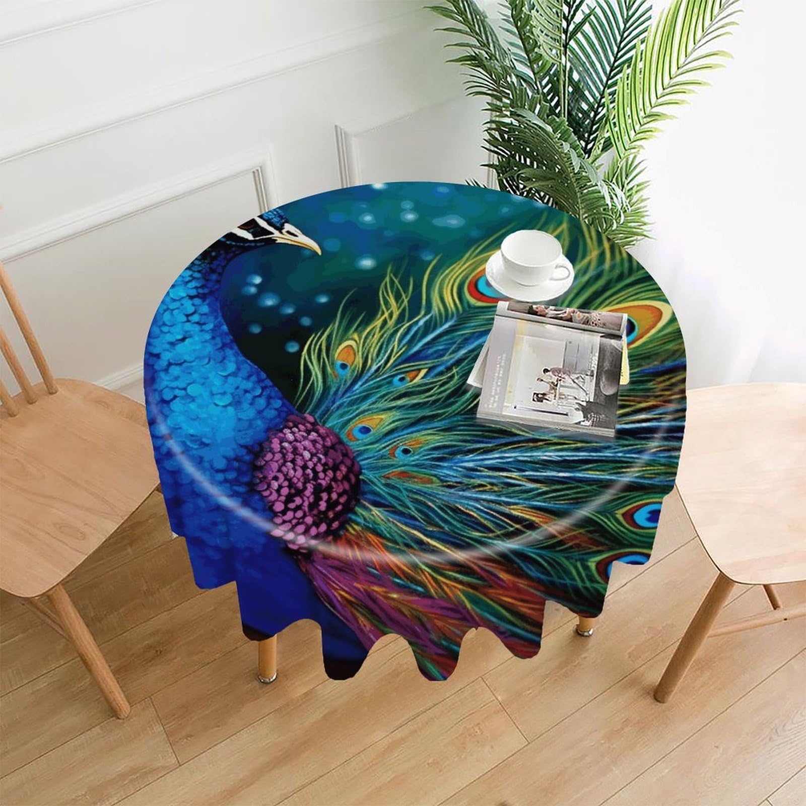 FodPand Colored Peacock Round Tablecloth - 60 Inch Premium Polyester Table Cloth, Fashion Wrinkle Resistant Decorative Table Cover for Dining Kitchen Party Buffet Tables
