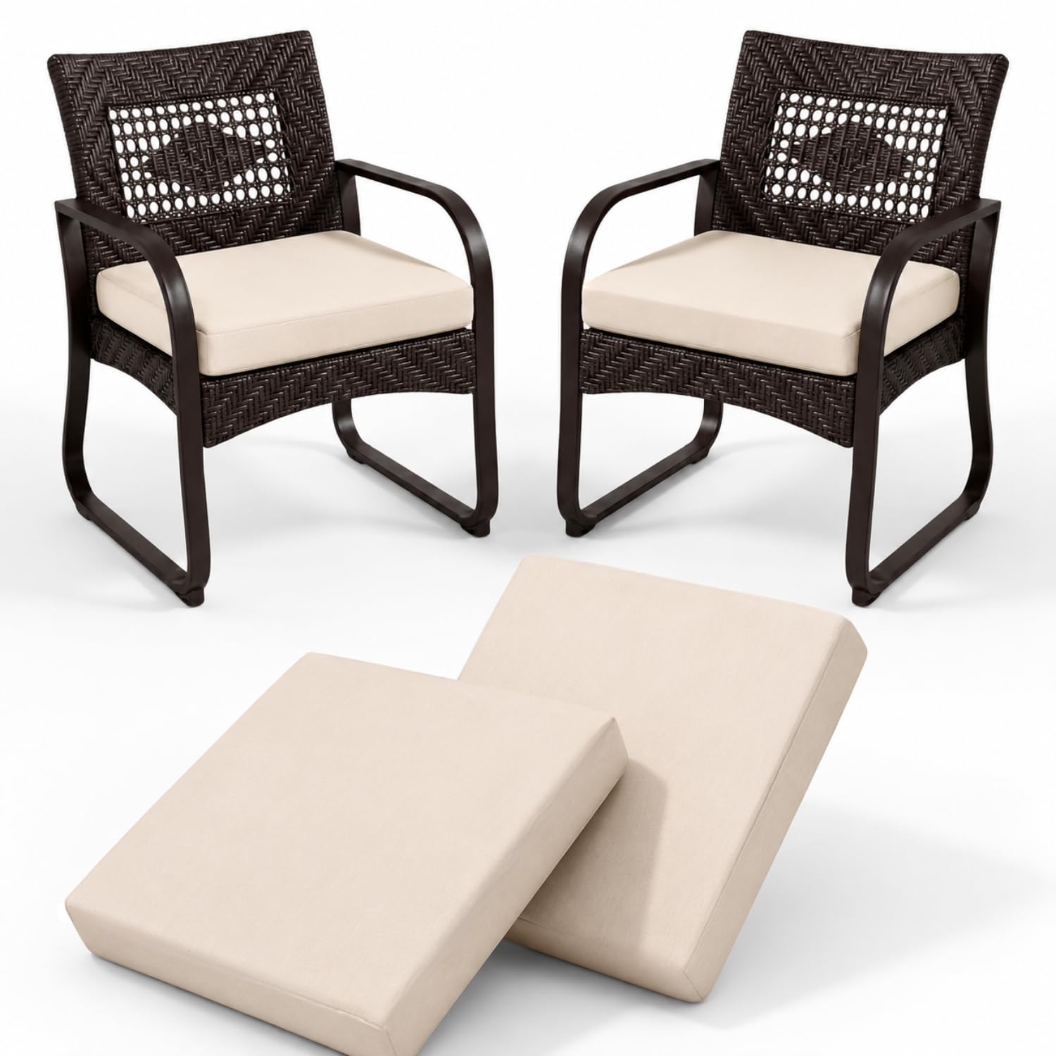2 Pieces Waterproof Garden Chair Seat Pads Thick Rattan Outdoor Seat Cushions Removable Zipped Cover, Patio Dining Chair Pads for Indoor & Outdoor Furniture Seat Pad (Sand, 60cm x 60cm x 10cm)